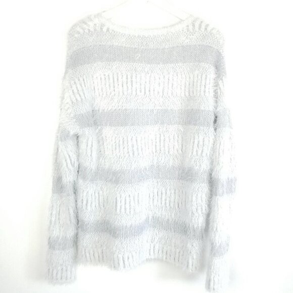 NEW Directions S Eyelash Fringe Knit sweater Gray Stripes Soft & Cozy‎ - Picture 2 of 7
